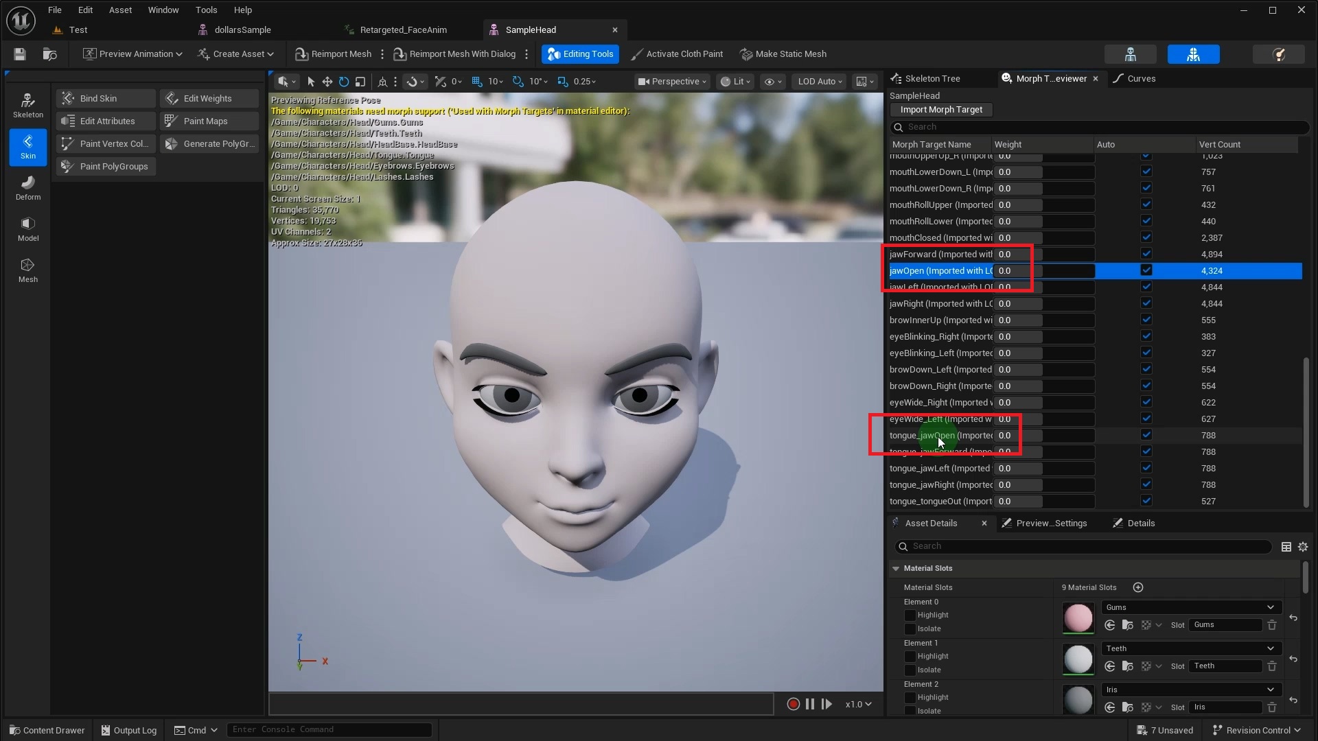 目标模型中的多个 jaw 相关 Morph Target